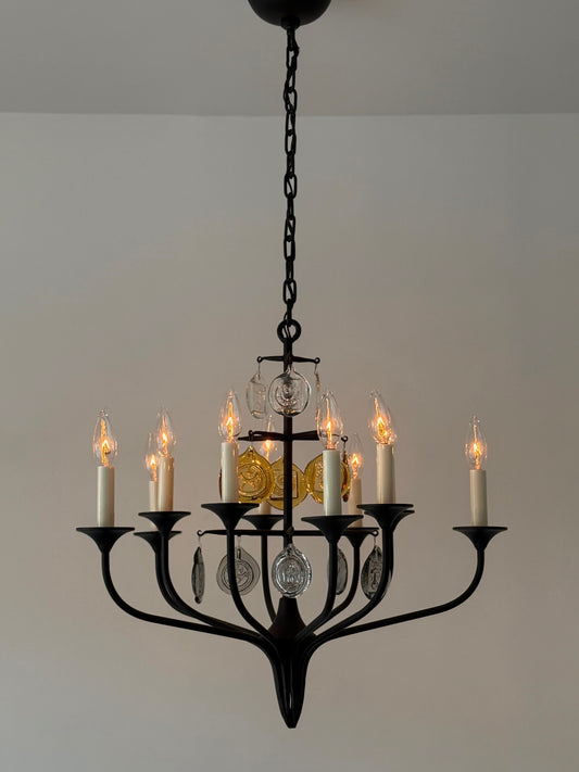 Ten arm chandelier by Erik Höglund for Boda Nova Glassworks & Axel Stromberg Ironworks