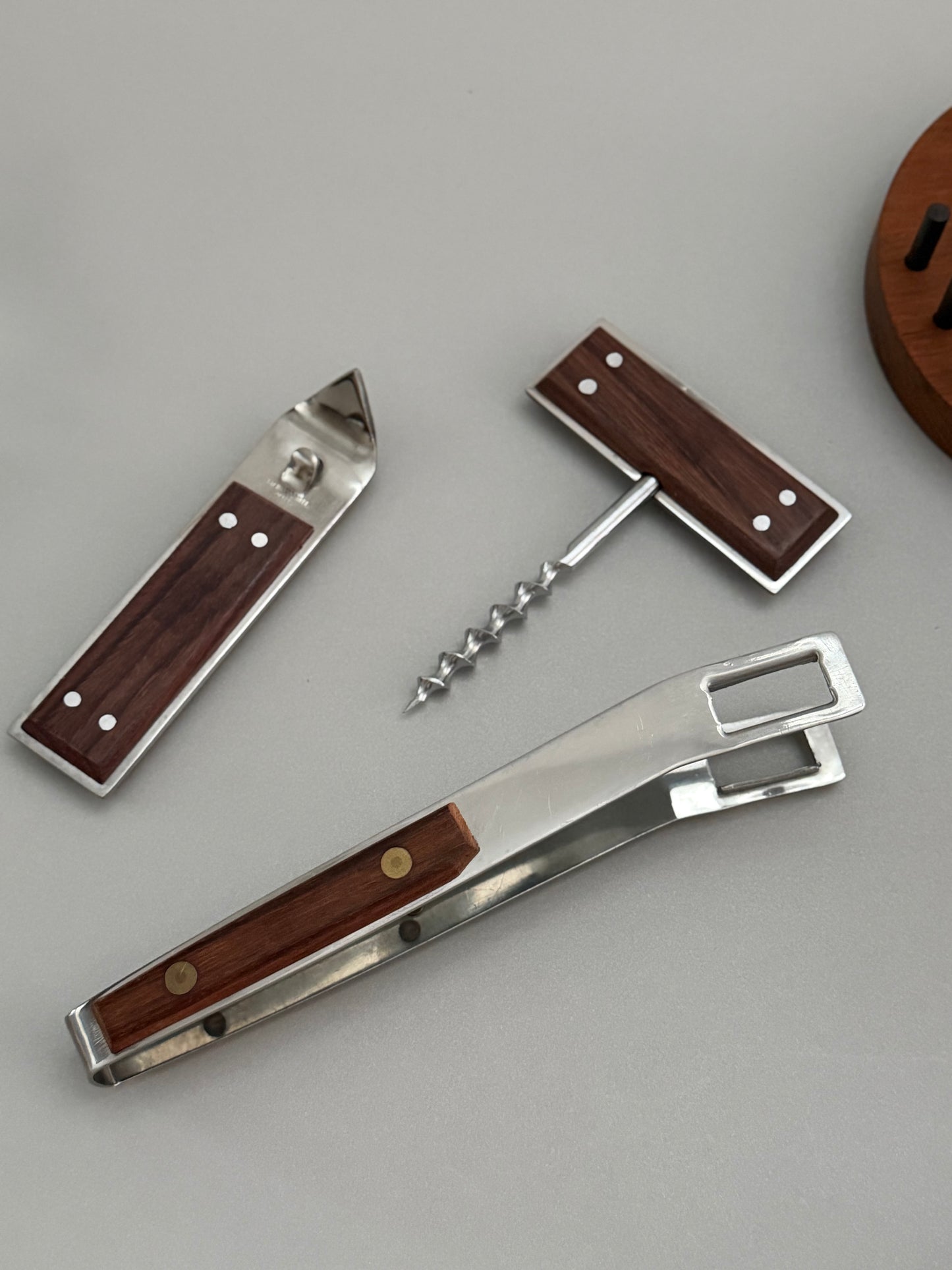 Set of rosewood and stainless bar tools