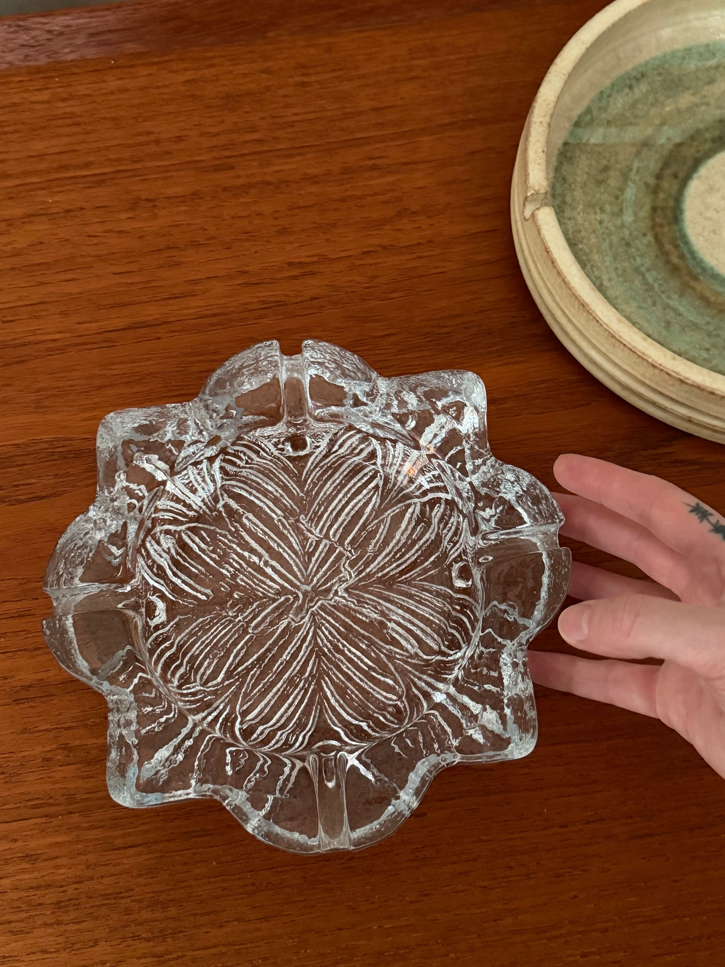 Glass snowflake ashtray by Blenko