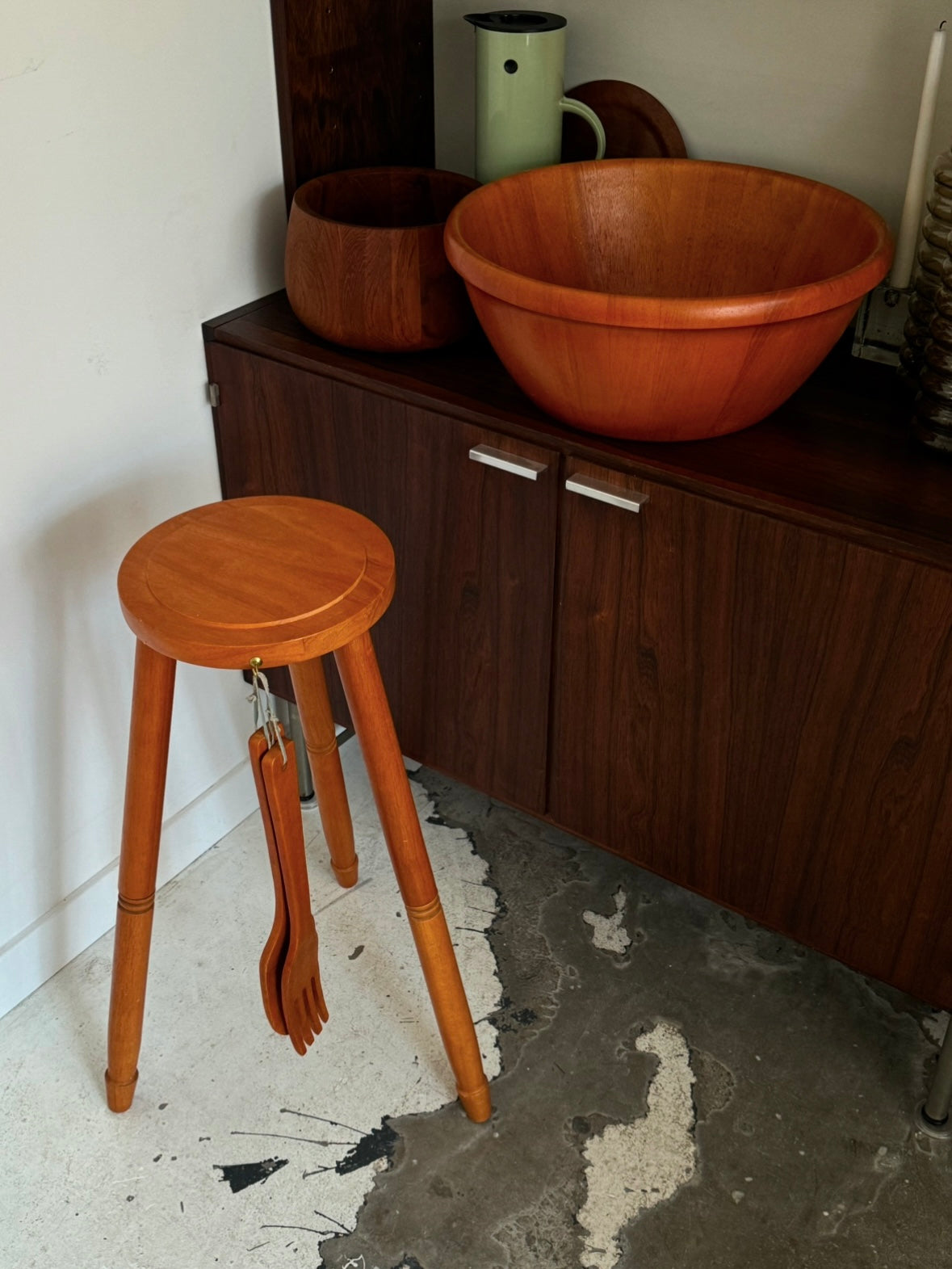 Large teak salad bowl with matching base and utensils
