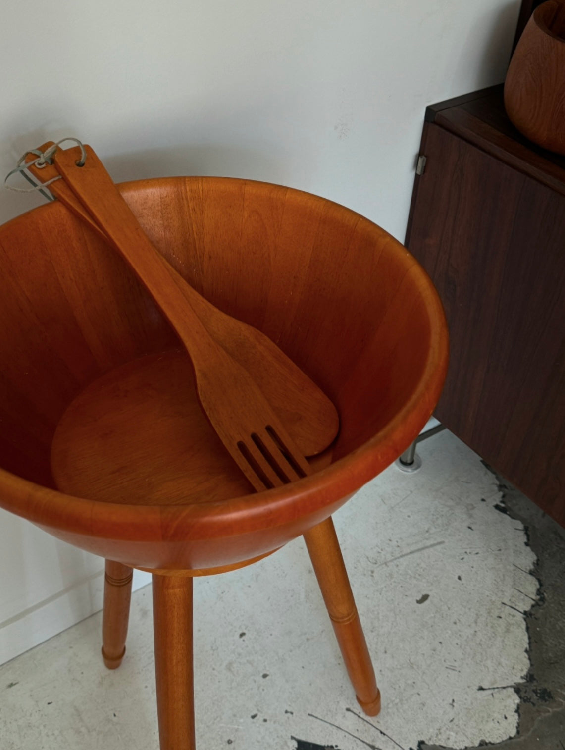 Large teak salad bowl with matching base and utensils