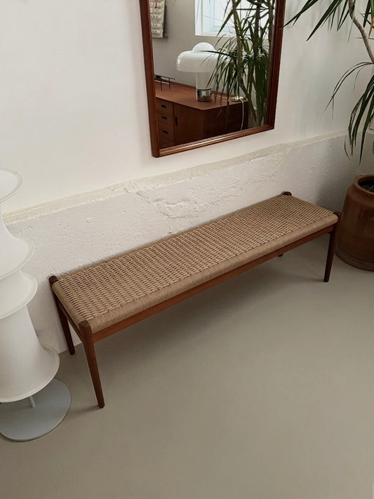 Model 63 teak and danish cord bench by Niels Otto Møller for J.L. Møller Møbelfabrik