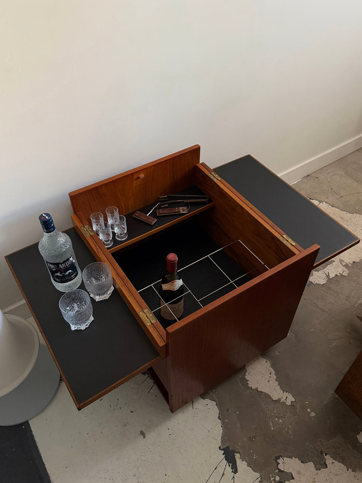 Rolling teak bar cabinet by Randers Møbelfabrik