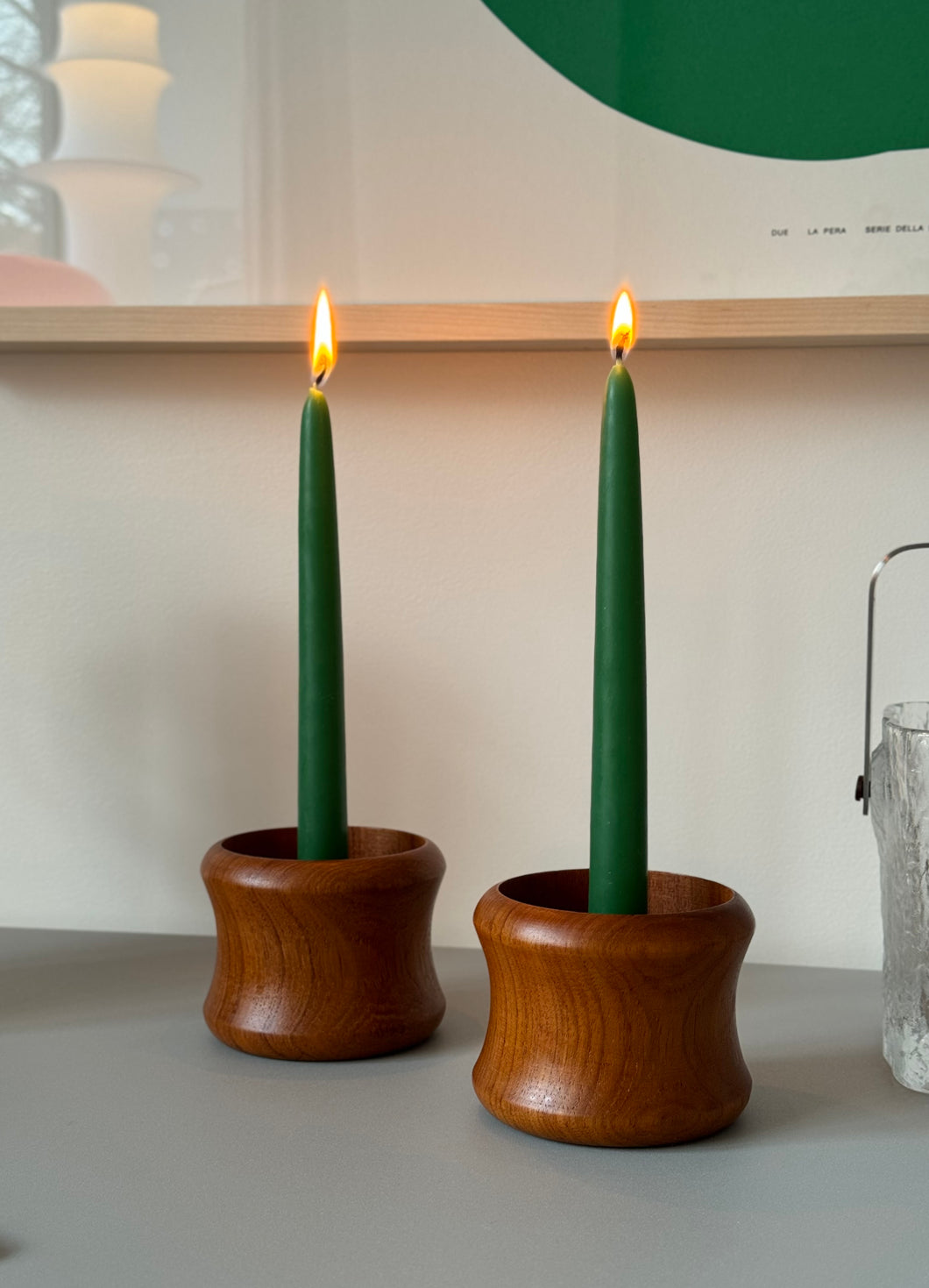 Pair of solid teak candleholders