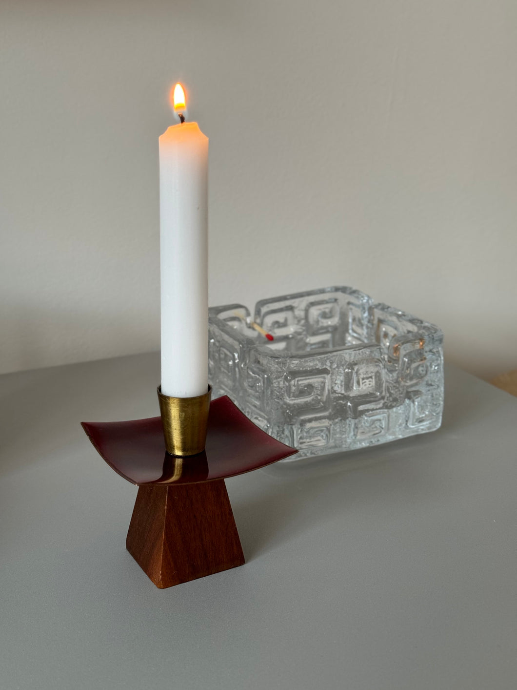 Teak and enamelled copper candleholder