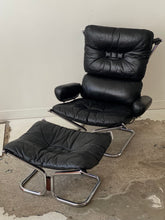 Load image into Gallery viewer, Black leather lounge chair and ottoman by Harald Relling for Westnofa
